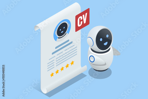 Isometric hiring and recruitment robots are selected for a job over a human candidate. Digital job interviews where artificial intelligence outshines traditional applicants.