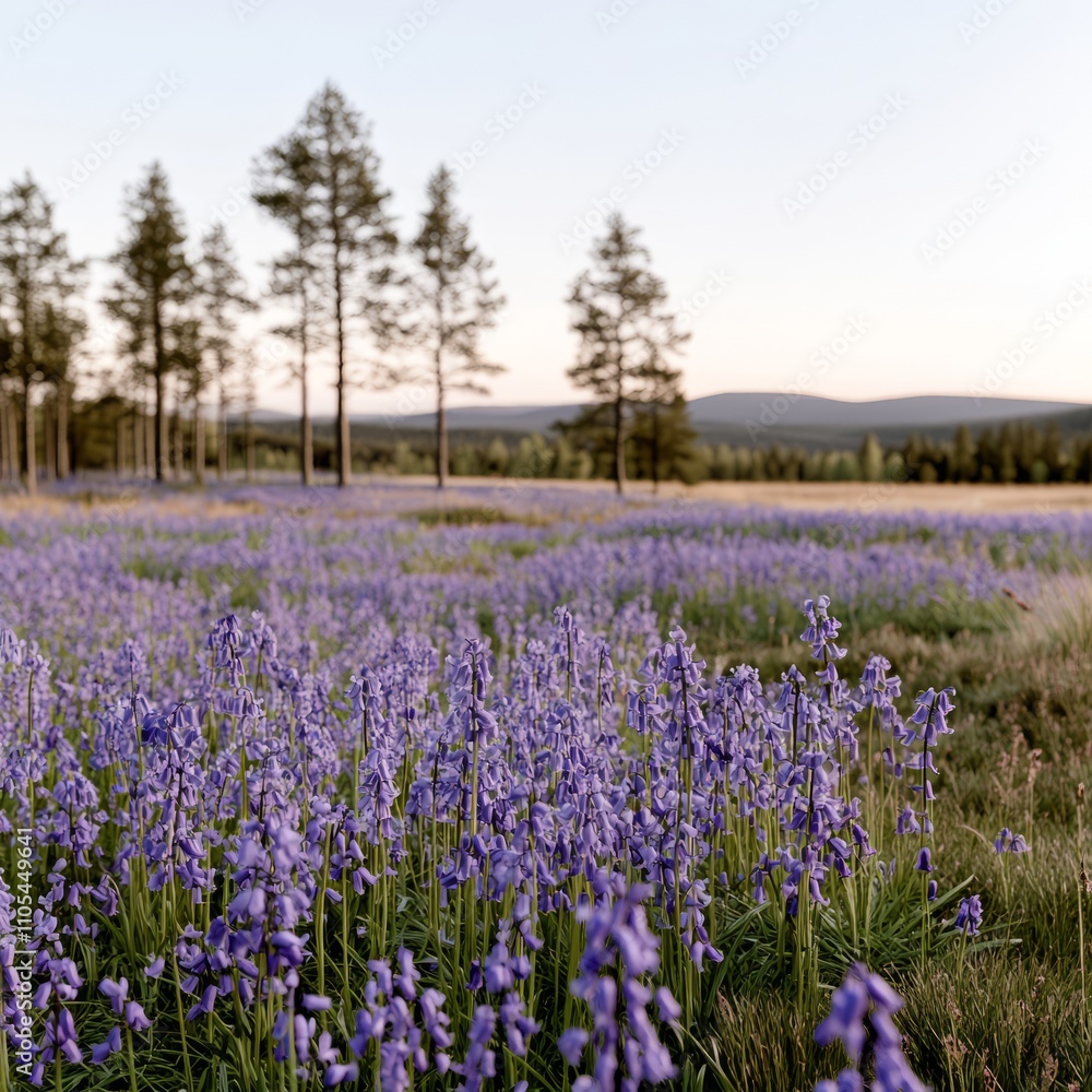 Serene field of purple wildflowers at sunset, tall trees in background. Serene field of purple wildflowers at sunset, tall trees in background.