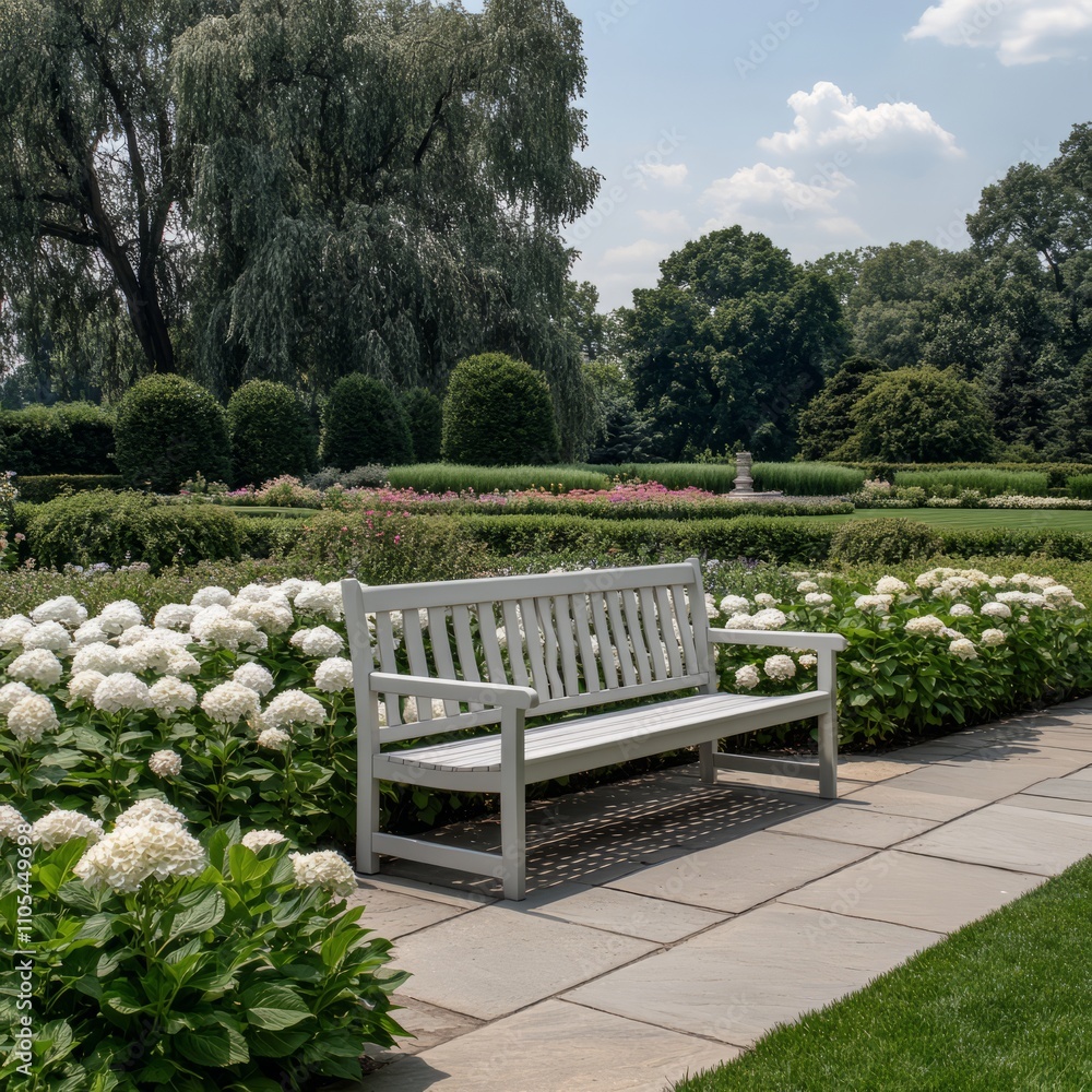 Serene garden bench amidst blooming hydrangeas. Serene garden bench amidst blooming hydrangeas.