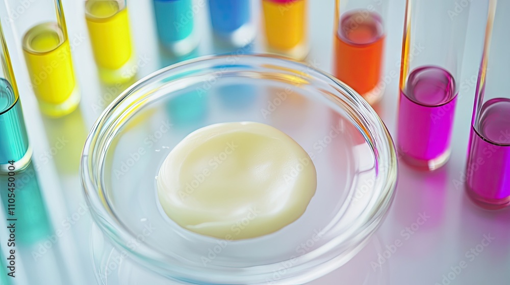 A transparent glass dish holding a single cream spot, with test tubes filled with colorful solutions nearby. A transparent glass dish holding a single cream spot, with test tubes filled with colorful solutions nearby.