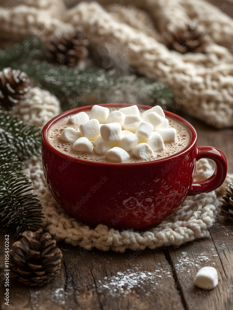 Cup of tasty hot chocolate or mug of cocoa with marshmallows and pine branches and cones on cosy knit blanket background. Cozy sweet seasonal drink. New year holidays and Xmas concept Cup of tasty hot chocolate or mug of cocoa with marshmallows and pine branches and cones on cosy knit blanket background. Cozy sweet seasonal drink. New year holidays and Xmas concept
