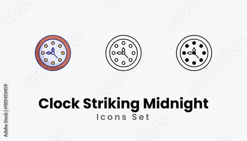 Clock Striking Midnight Icons thin line and glyph vector icon stock illustration