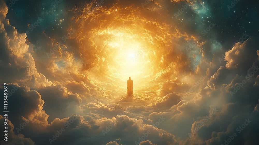 Abstract heaven ascension motion graphics. Lord, silhouette of Jesus Christ in sunset cloudscape. Religious spiritual awakening ethereal animation. Divine sacred healing, eternity, salvation concept. Abstract heaven ascension motion graphics. Lord, silhouette of Jesus Christ in sunset cloudscape. Religious spiritual awakening ethereal animation. Divine sacred healing, eternity, salvation concept.