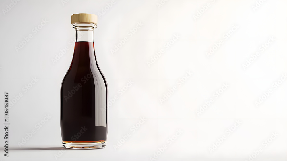 Dark liquid in a clear glass bottle with a wooden cap on a white background. Dark liquid in a clear glass bottle with a wooden cap on a white background.