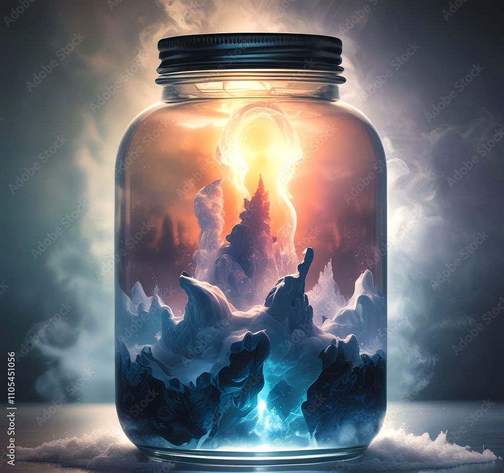 Illustration of glowing and magic dramatic smoke in jar with water reflection. Illustration of glowing and magic dramatic smoke in jar with water reflection.