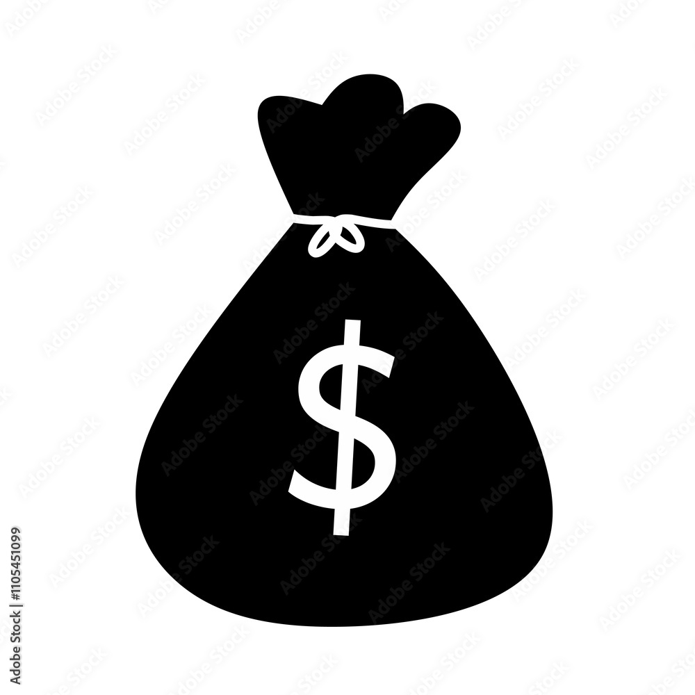 Black silhouette of a dollar bag, ideal for finance and money themed designs and illustrations. Black silhouette of a dollar bag, ideal for finance and money themed designs and illustrations.