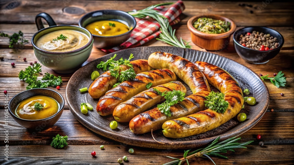 A Colorful Platter of Grilled Sausages Served with Mustard and Pickles, Perfect for Pub Food Lovers and Outdoor Gatherings A Colorful Platter of Grilled Sausages Served with Mustard and Pickles, Perfect for Pub Food Lovers and Outdoor Gatherings