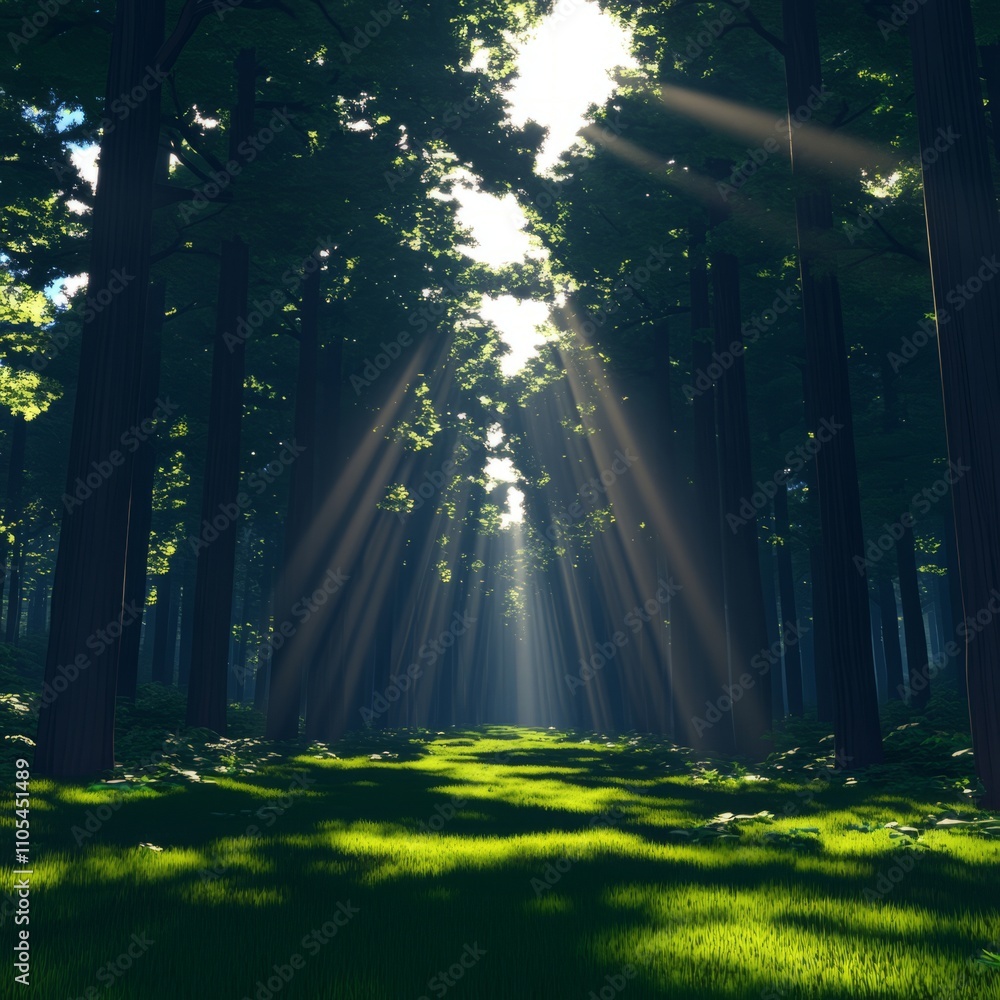 Fototapeta premium Sunbeams illuminating a path through a lush green forest.