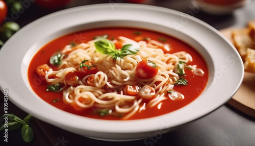 Tomato soup in a bowl. Close up. 