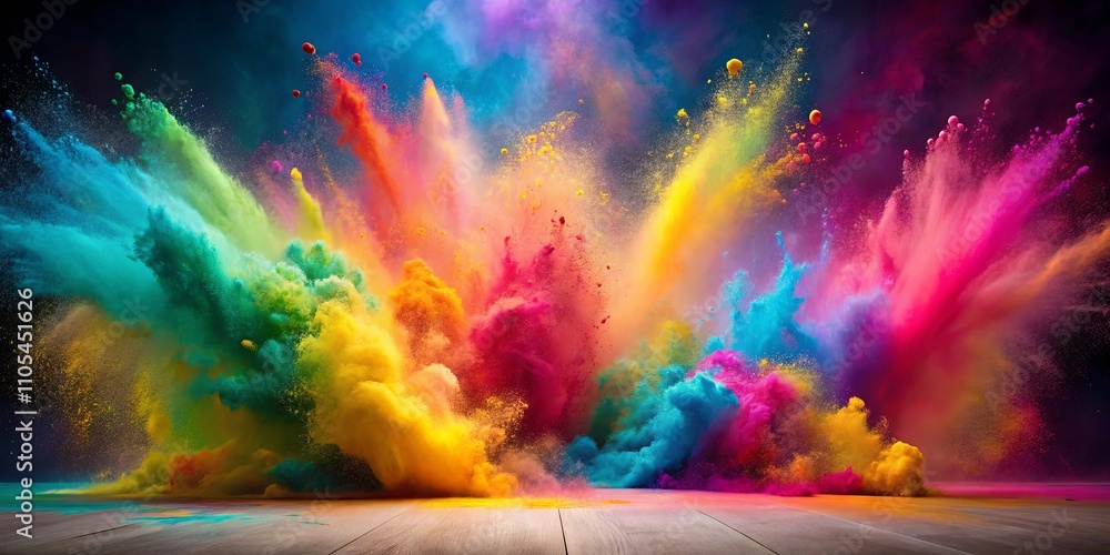 A vibrant explosion of multicolored powder creates a stunning visual spectacle on a wooden surface A vibrant explosion of multicolored powder creates a stunning visual spectacle on a wooden surface