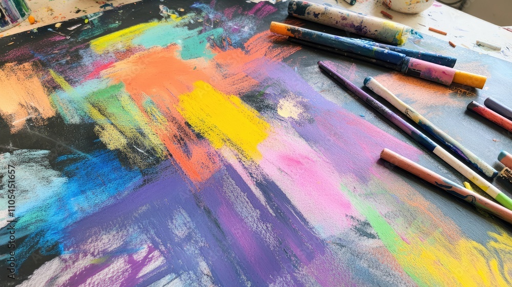 Fototapeta premium A vibrant pastel drawing in progress, with colorful sticks scattered around the paper.