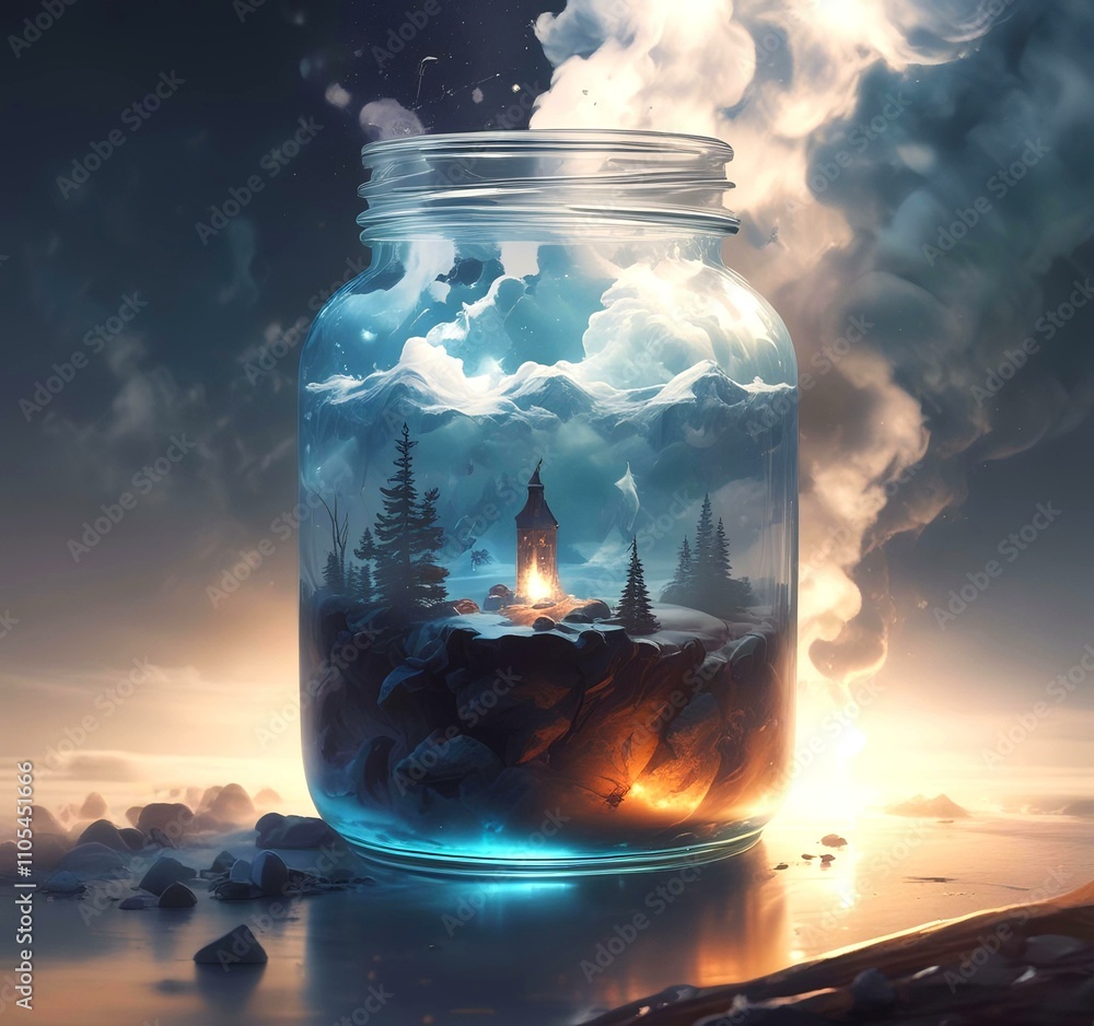 Illustration of glowing and magic dramatic smoke in jar with water reflection. Illustration of glowing and magic dramatic smoke in jar with water reflection.