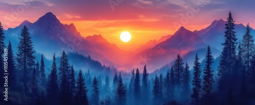 majestic dawn breaks over a serene mountain range mist enveloping the peaks silhouettes of pine trees standing tall creating a dramatic and adventurous atmosphere for outdoor enthusiasts