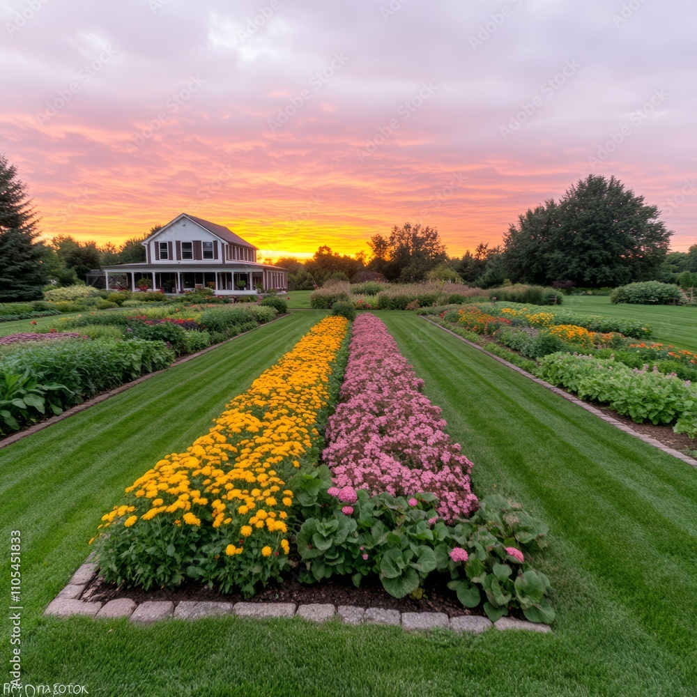 Obraz premium Sunset view of a colorful flower garden and farmhouse.