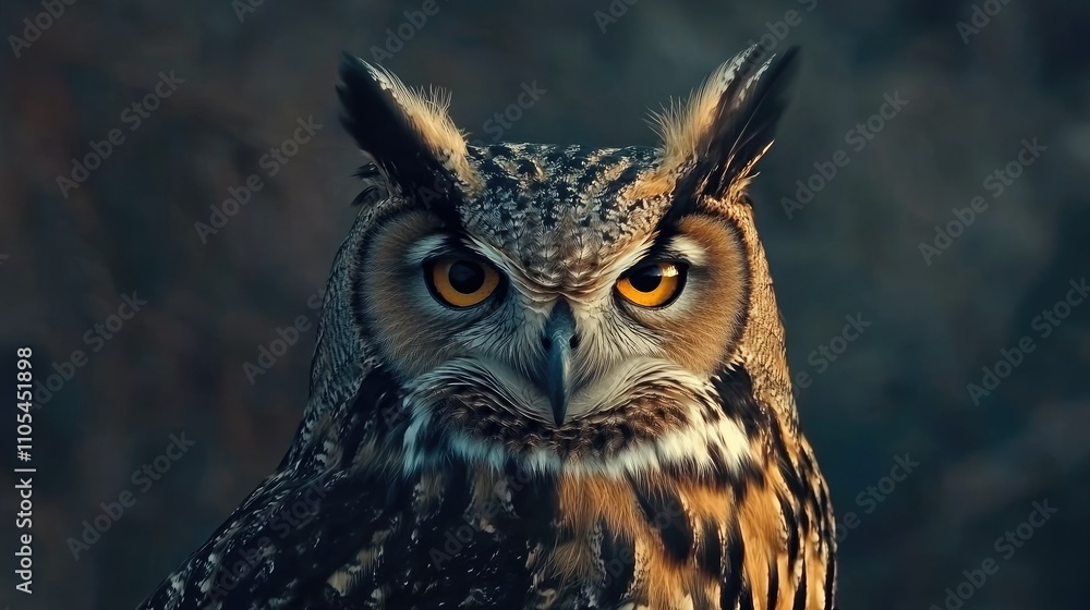 Obraz premium A vibrant shot of a Eurasian eagle owl staring directly into the camera with an intense, captivating gaze.