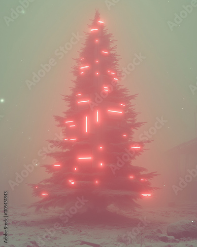 A sci-fi themed Christmas tree illuminated with red LED lights in a cinematic, foggy setting. Perfect for high-tech holiday visuals, blending futuristic design with a vintage tech atmosphere