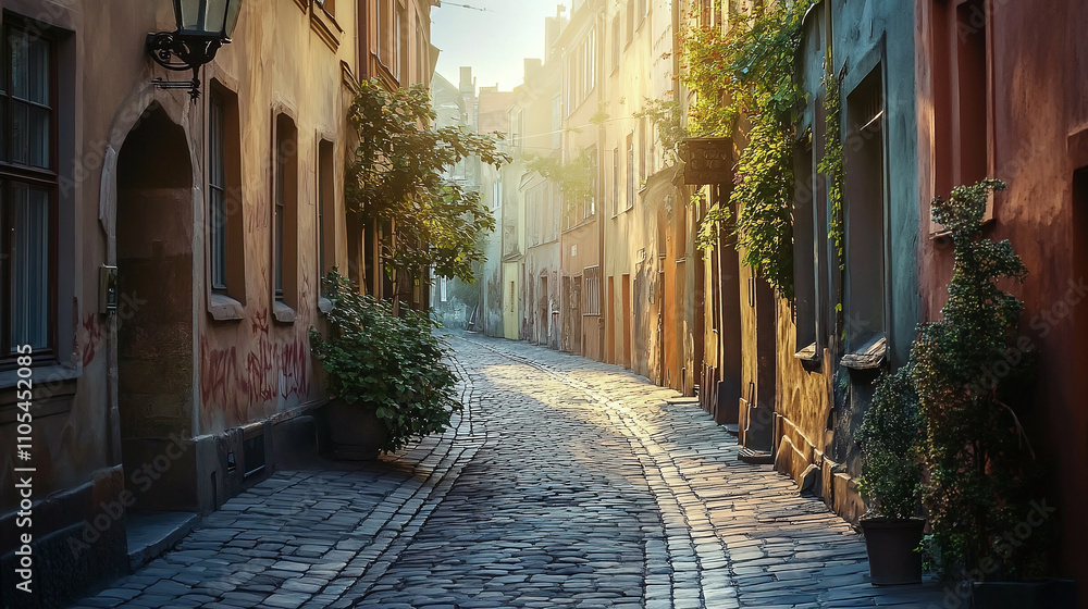 Serene cobblestone street in an old town, bathed in warm sunlight, with charming historic architecture and lush greenery creating a nostalgic atmosphere. Serene cobblestone street in an old town, bathed in warm sunlight, with charming historic architecture and lush greenery creating a nostalgic atmosphere.
