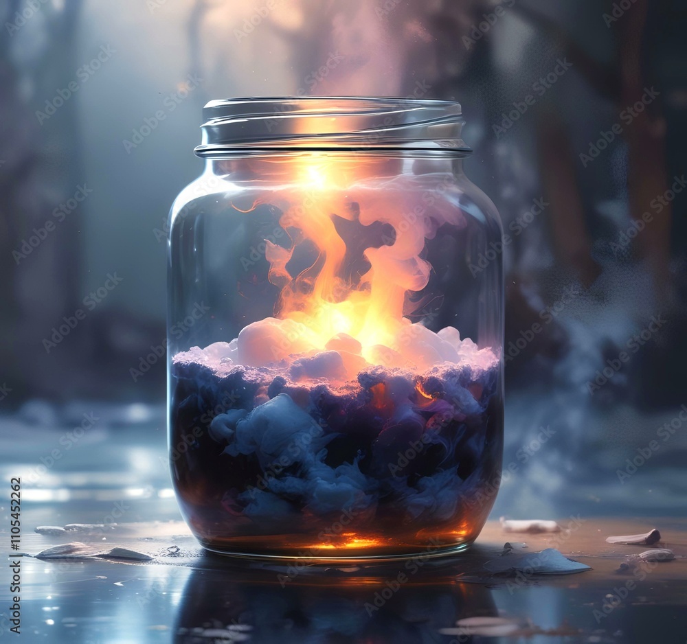 Illustration of glowing and magic dramatic smoke in jar with water reflection.
