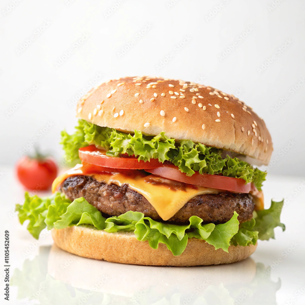 A Fresh and Tasty Burger, Isolated on a Clean White Background, Showcasing Layers of Juicy Patty, Crisp Lettuce, Ripe Tomato, and Melted Cheese, Perfect for Mouthwatering Meals. A Fresh and Tasty Burger, Isolated on a Clean White Background, Showcasing Layers of Juicy Patty, Crisp Lettuce, Ripe Tomato, and Melted Cheese, Perfect for Mouthwatering Meals.