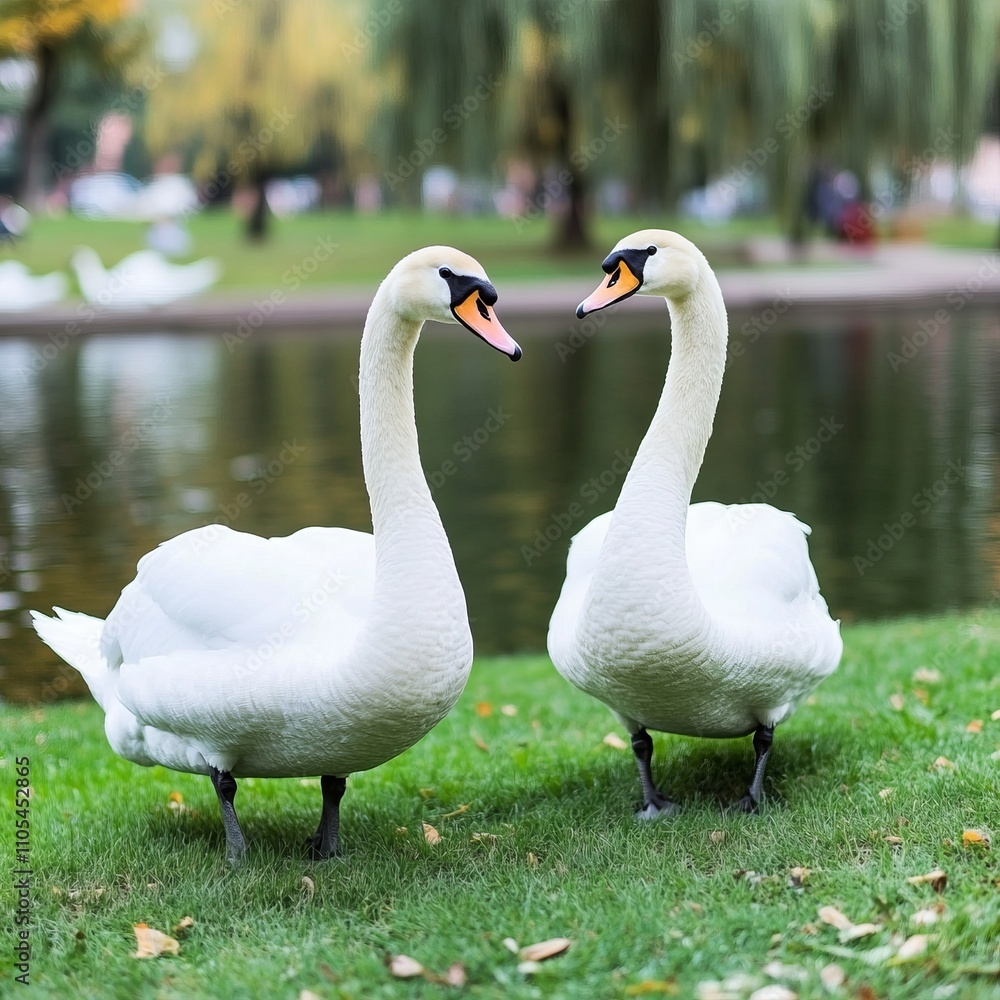 Obraz premium Two elegant white swans facing each other on a grassy lakeside, autumn scenery in background.