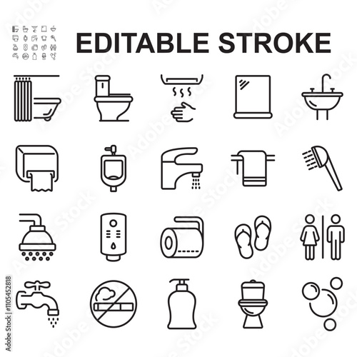 Collection of bathroom related icons. Thin line vector. Contains icons such as bathtub, curtain, water faucet and more.