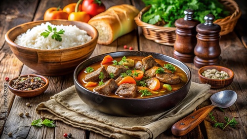 A Delicious Bowl of Beef Stew with Rice Served in a Rustic Setting, Capturing the Warmth and Comfort of Homemade Meals Perfect for Sharing with Family and Friends