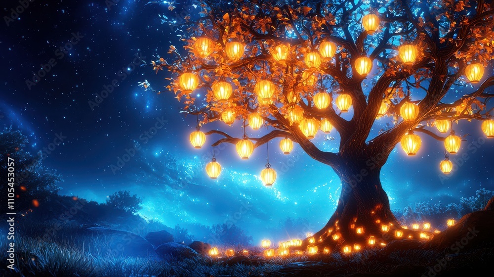 Naklejka premium A glowing tree adorned with lanterns illuminates a serene night landscape under a starry sky.