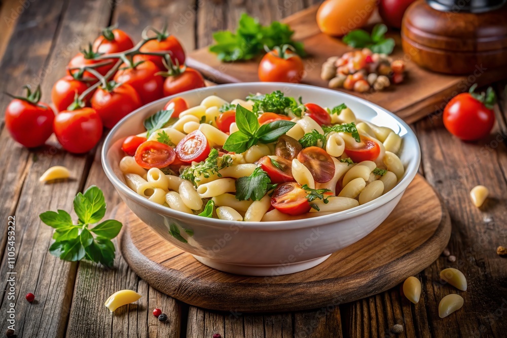 A Delicious White Bowl of Pasta with Beans, Fresh Tomatoes, and Herbs on a Rustic Wooden Table - A Culinary Delight Captured in Documentary Photography A Delicious White Bowl of Pasta with Beans, Fresh Tomatoes, and Herbs on a Rustic Wooden Table - A Culinary Delight Captured in Documentary Photography