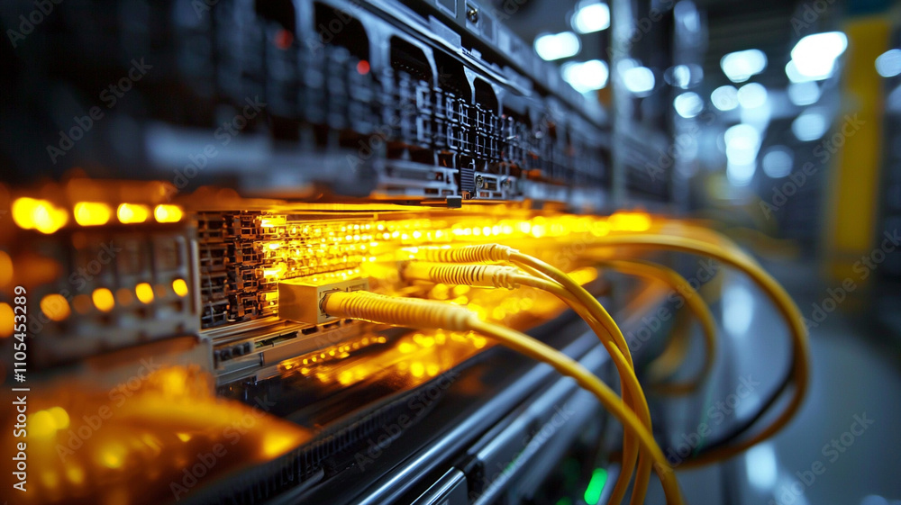Naklejka premium Ai generated technology event data processing hub server room image capture industrial environment close-up viewpoint
