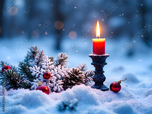 눈 위에서 타오르는 촛불 겨울 배경 Burning candle in snow frosty background photo