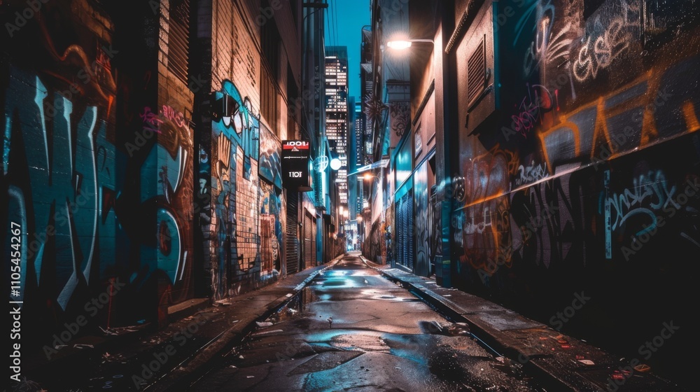 Tense Night Scene in a Dark Alleyway with Graffiti and Broken Glass Tense Night Scene in a Dark Alleyway with Graffiti and Broken Glass