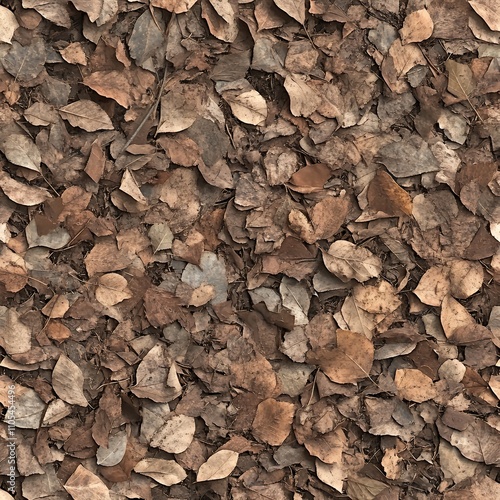 A close-up view of a ground covered with dry, brown leaves.