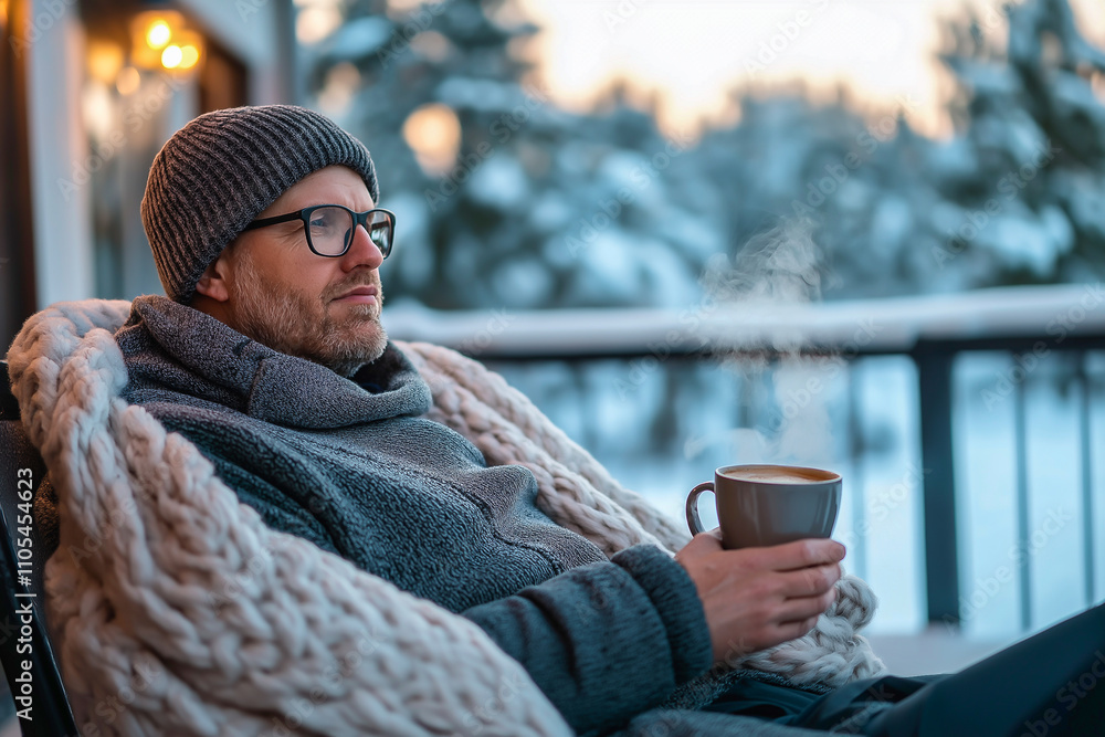 A man is sitting on a winter veranda with coffee relaxing in the frosty air. A man is sitting on a winter veranda with coffee relaxing in the frosty air.
