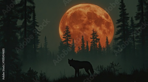 A wolf silhouetted in front of an enormous harvest moon, standing in a dense pine forest.