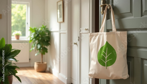 Natural linen tote with green eco symbol in minimalist entrance photo