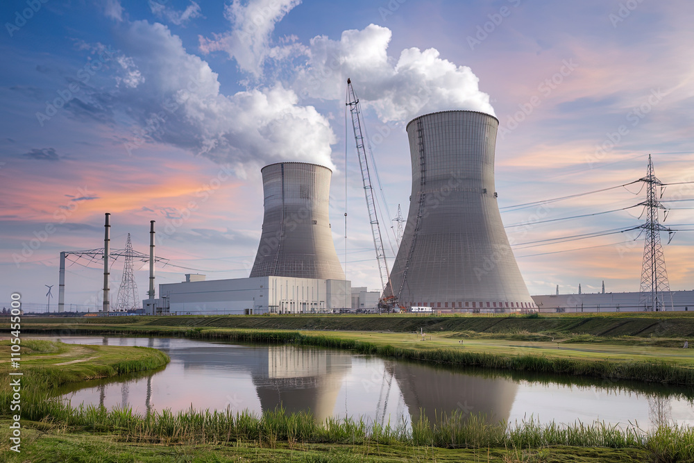 Ilustración de una vista de una central nuclear. Generado con IA Ilustración de una vista de una central nuclear. Generado con IA