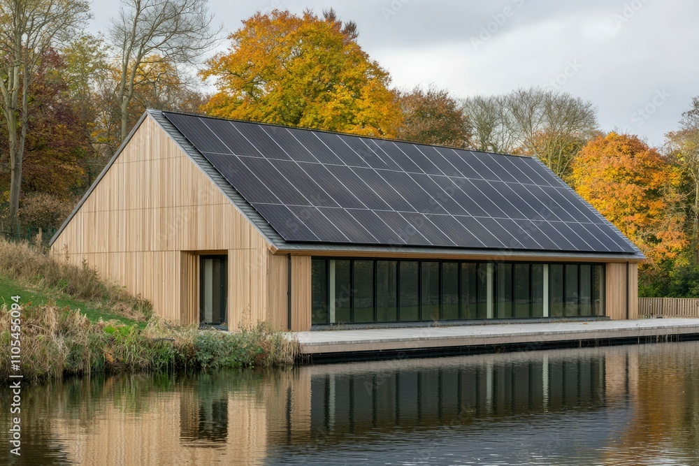Modern Solar Powered Lakeside Building Autumn Trees Modern Solar Powered Lakeside Building Autumn Trees