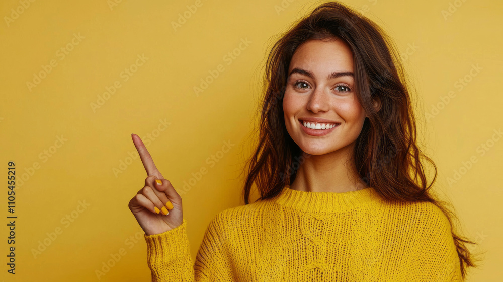 Smiling woman in yellow sweater pointing with friendly expression Smiling woman in yellow sweater pointing with friendly expression
