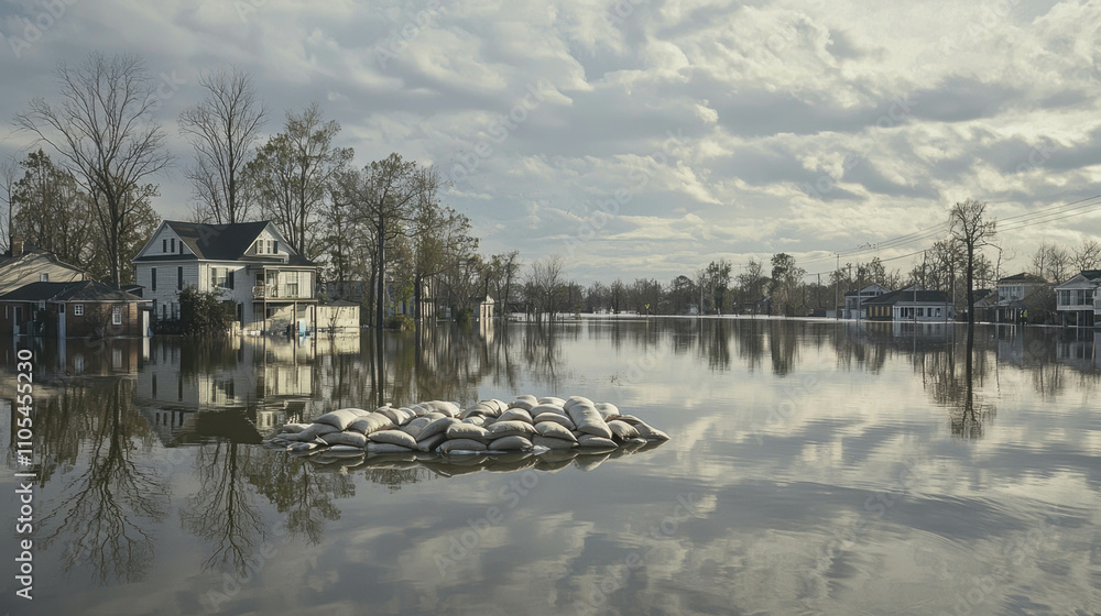 Obraz premium Flooded Neighborhood with Sandbags, illustrating resilience and natural disaster response