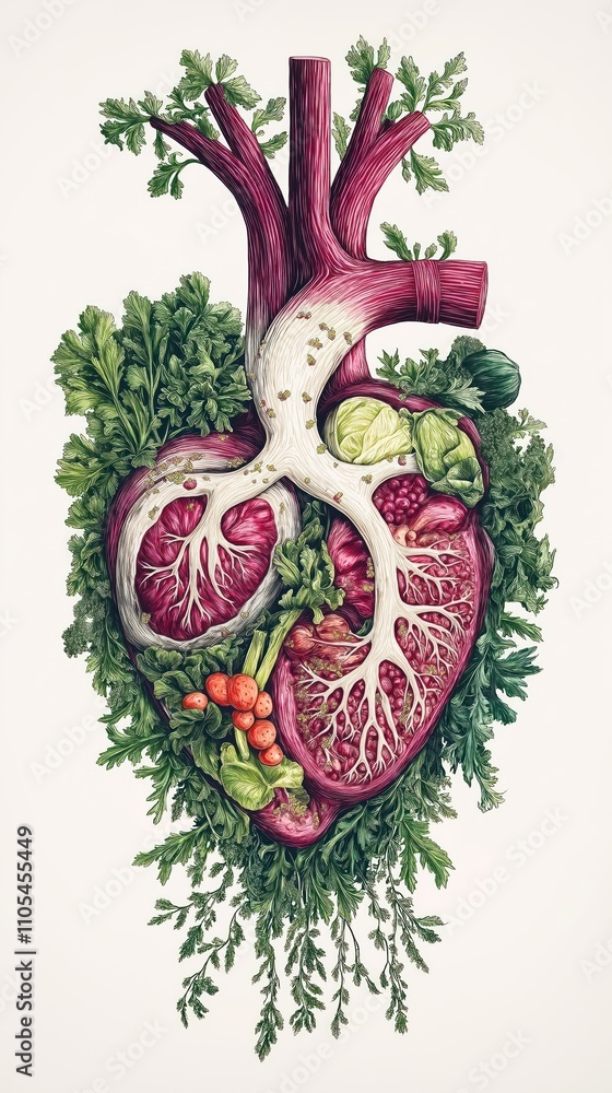 Fototapeta premium Illustration shows heart, lungs with vegetables, greens. Creative representation of healthy organs, nutritious food. Concept focuses on heart health, lung care through diet. Image evokes healthy
