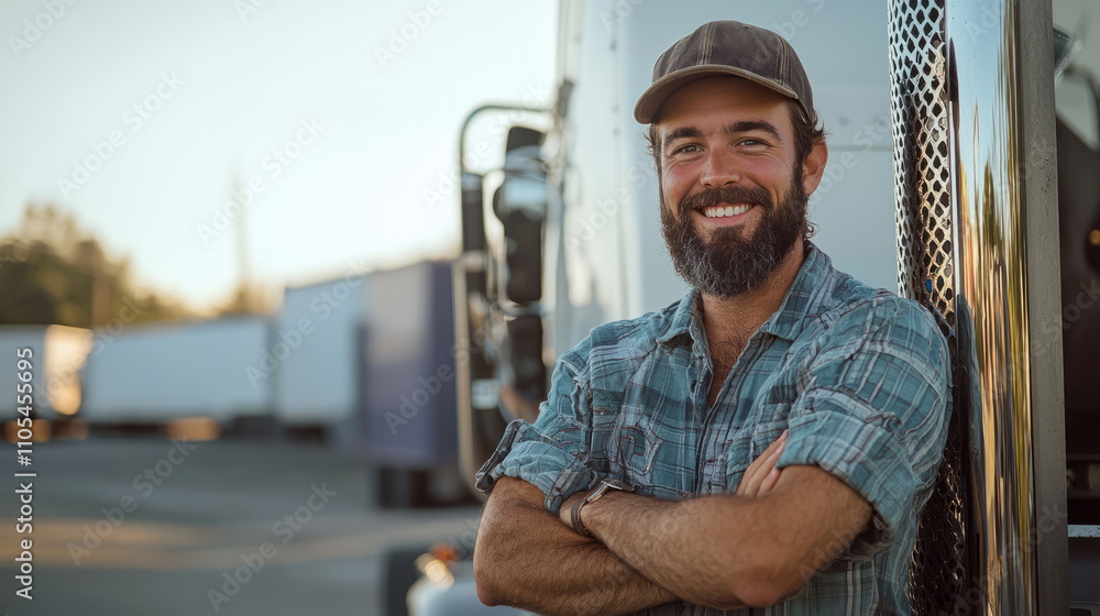 Confident young truck driver standing proudly by his vehicle Confident young truck driver standing proudly by his vehicle