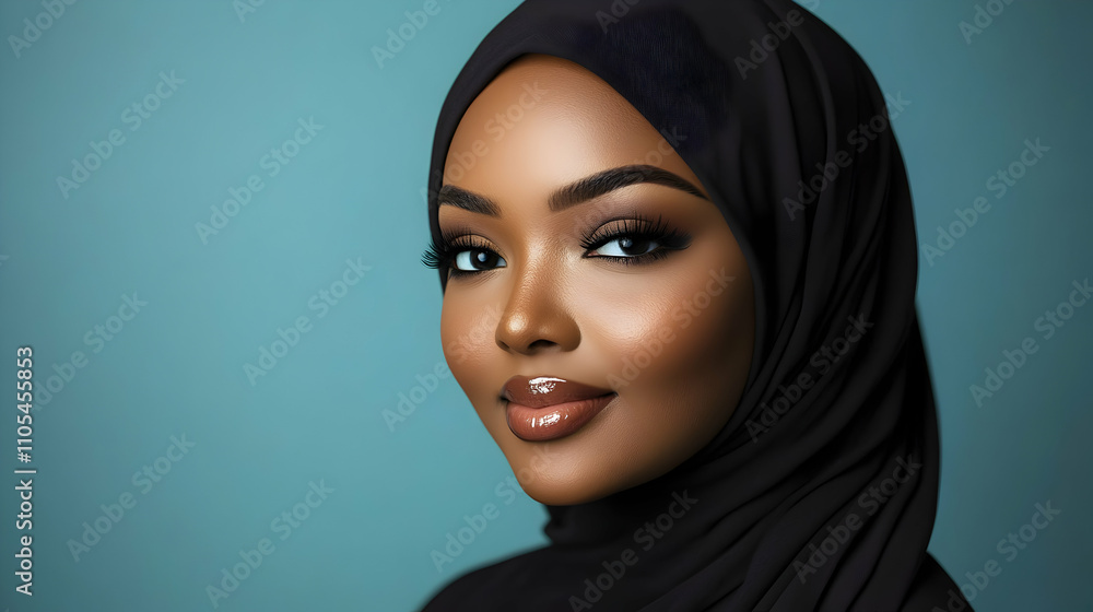Portrait of a Woman in a Black Hijab, with Beautifully Applied Makeup, Against a Teal Background Portrait of a Woman in a Black Hijab, with Beautifully Applied Makeup, Against a Teal Background