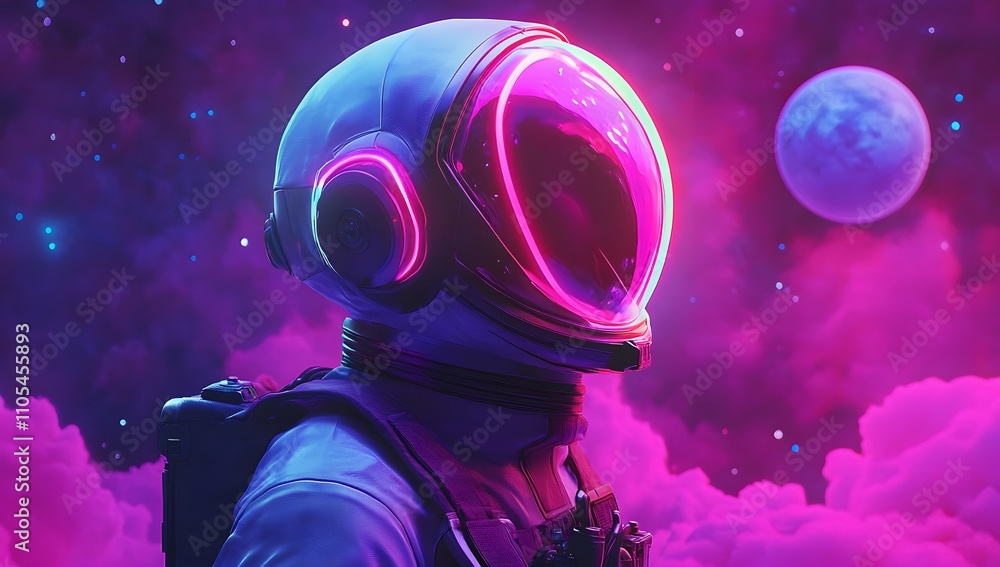 Astronaut in neon-lit space suit gazes at a vibrant purple nebula and distant planet. A futuristic, dreamy scene. Astronaut in neon-lit space suit gazes at a vibrant purple nebula and distant planet. A futuristic, dreamy scene.