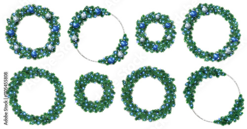 Christmas wreaths with white and blue glitter ornaments. Silver glitter ring. Christmas tree decoration. Holiday garland, frame, realistic fir-tree branches. Transparent background in vector file.