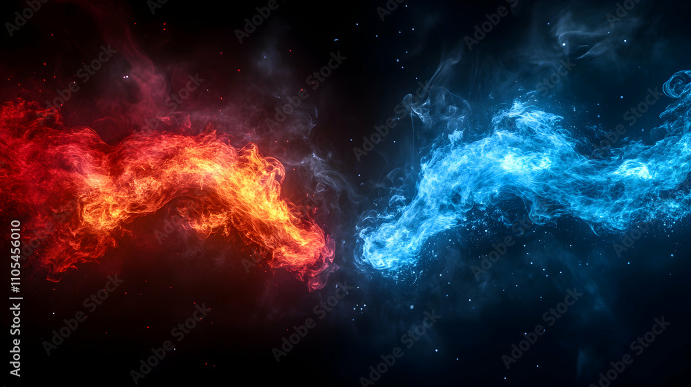 Abstract 3D fiery and icy streams collide dramatically on a dark background, creating a visually stunning contrast of colors and textures. Abstract 3D fiery and icy streams collide dramatically on a dark background, creating a visually stunning contrast of colors and textures.