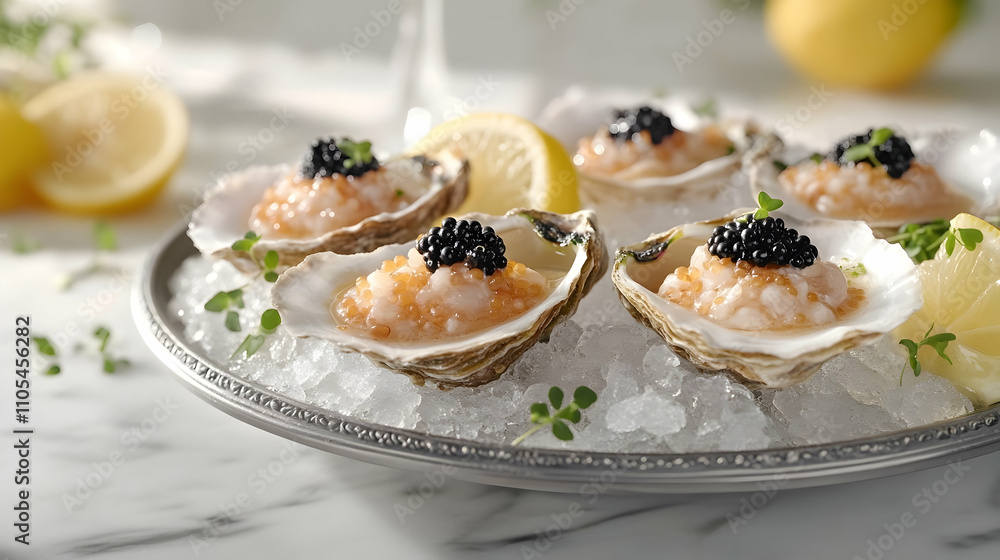 Fresh Oysters with Mignonette and Caviar, Luxury Seafood Photography Fresh Oysters with Mignonette and Caviar, Luxury Seafood Photography