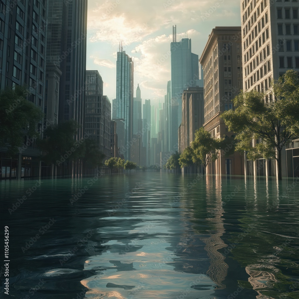 Fototapeta premium Flooded city street reflects tall buildings. Water rises high over road. Urban setting shows sea level rise impact. Trees line flooded avenues. Serious eco issue. Climate change consequence. Water