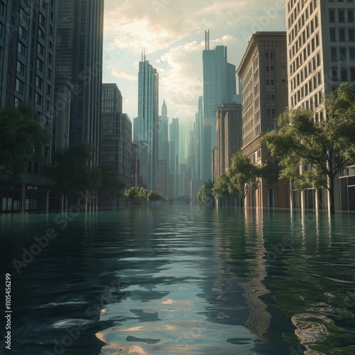 Flooded city street reflects tall buildings. Water rises high over road. Urban setting shows sea level rise impact. Trees line flooded avenues. Serious eco issue. Climate change consequence. Water photo