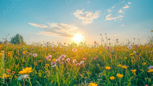 Vibrant Wildflower Meadow at Sunset: A Colorful Landscape Photography of Blooming Flowers Basking in Golden Hour Light