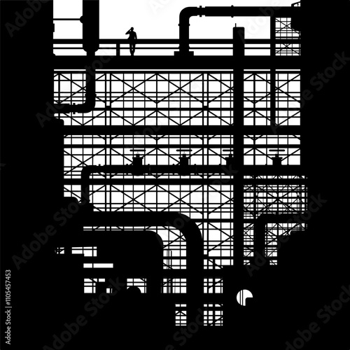 Vektor Silhouette Industrie - Anlage mit Rohren und Technologie zur Herstellung - Rohstoffe und Waren - Konstruktion und Entwicklung im Wettbewerb der Weltwirtschaft